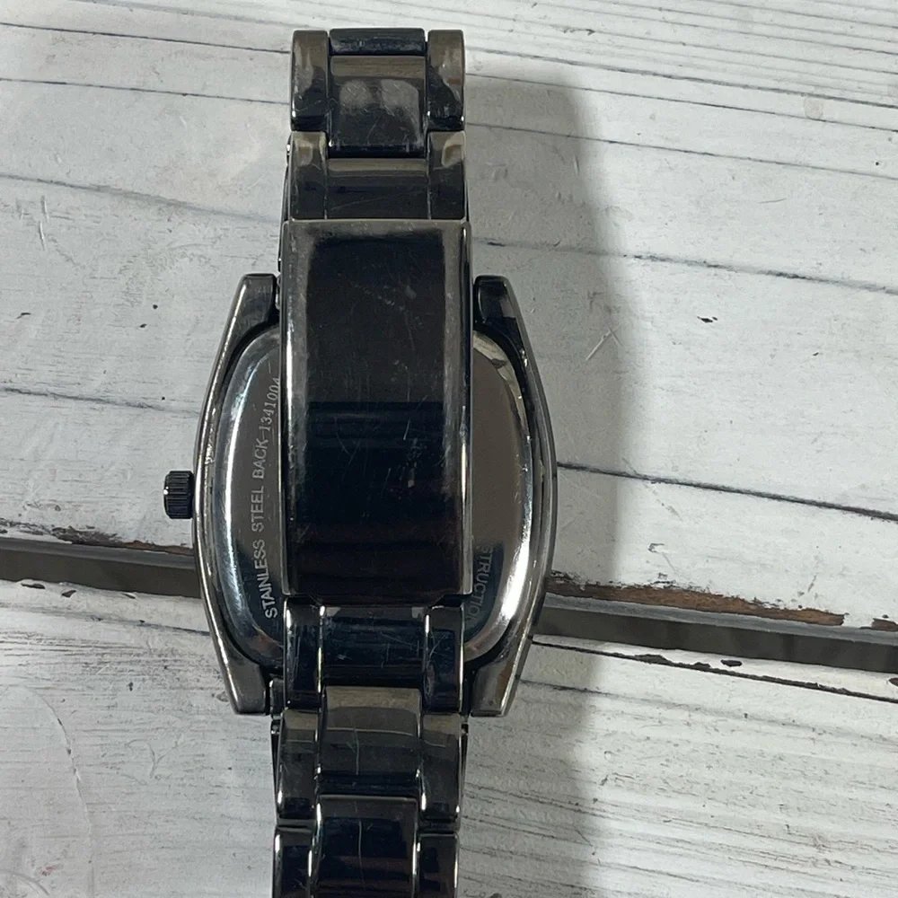 *NEW BATTERY* BKE watch fleur-de-lis Lily Saints Rhinestone Gunmetal Black Steel